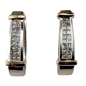 14K Two-Tone Gold Princess Cut Diamond Huggie Hoop Earrings #23764